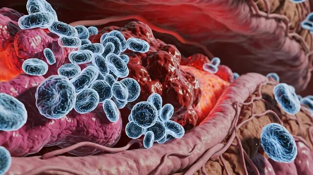 autoimmune response where immune activity mistakenly targets surrounding tissue, glowing inflammation area surrounded by circulating cells, conceptual illustration of immune system imbalance