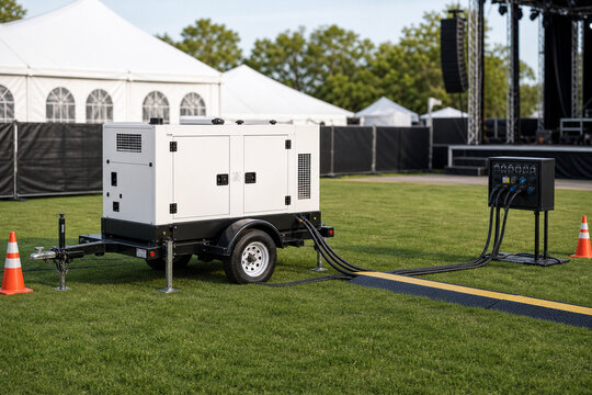 Portable generator trailer with cables and power distribution box supplying electricity for an outdoor event stage on a grassy venue.