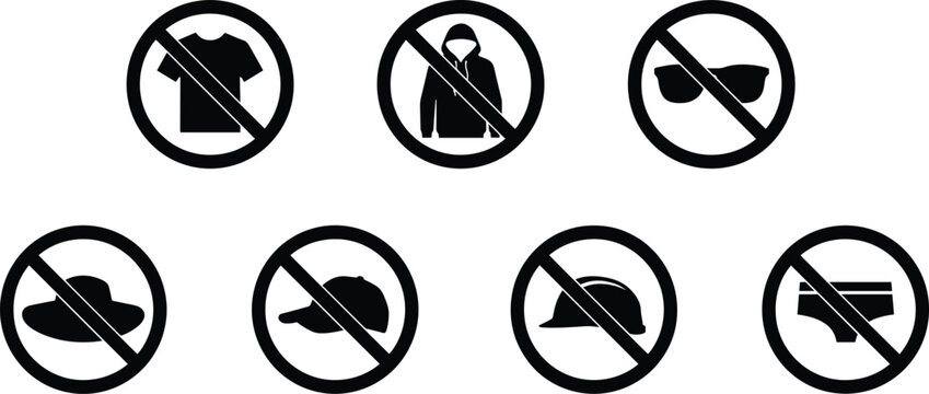 Prohibited clothing and dress code ban solid glyph icon set featuring restriction signs for shirts hoodies sunglasses hats caps helmets and underwear vectors