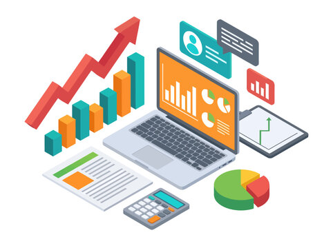 Vivid isometric business analytics graphics present financial data visualization concepts via an open laptop displaying growth dashboards alongside modern marketing performance tracking tools and art