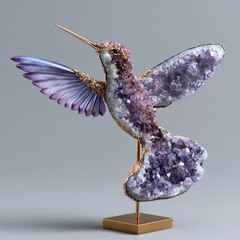 Naklejka premium Hummingbird Amethyst Geode Sculpture: Artistic Home Decor, Eco-Friendly Handcrafted Art, Museum-Quality Bird Craftsmanship
