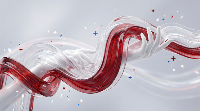 Abstract background pattern of fluid translucent red and white glossy liquid lines