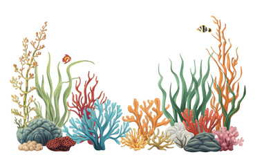 Fototapeta premium Underwater coral reef bordering scene with various sea plants, rocks and tropical fish swimming, transparent background