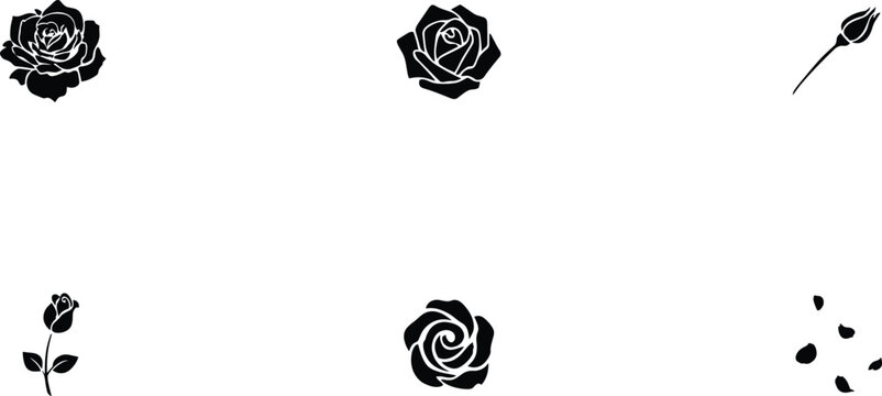 Rose flower collection and botanical design element solid glyph icon set featuring blooming roses stems buds and falling rose petals stencil vectors