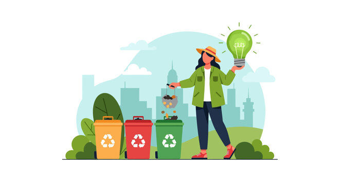 Woman Holding Lightbulb Near Recycling Bins.