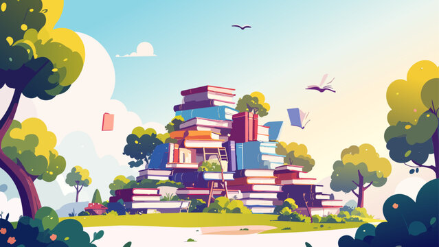 積み上げられた本の山と読書空間_1920x1080px