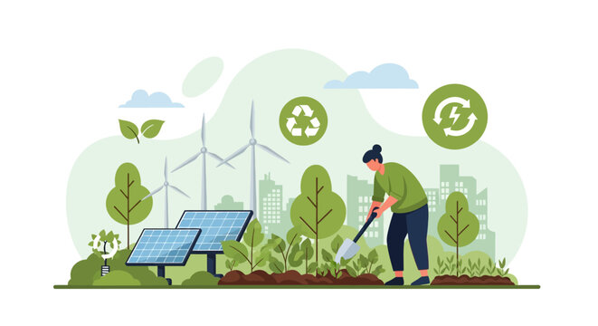 Person planting in a sustainable environment with wind turbines and solar panels.