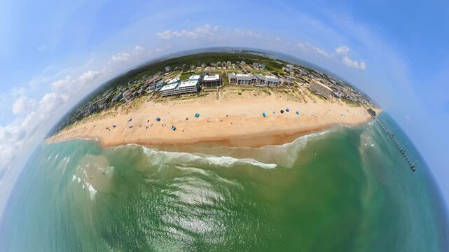 Aerial half tiny planet Nags Head North carolina beach coastline 4k