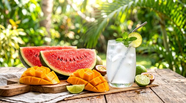 Fresh fruit and refreshing drink on wooden table in tropical garden