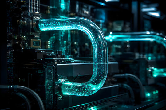 Glowing Liquid Cooling Pipes in Data Center Server