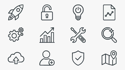 Fototapeta premium Corporate Minimalist Line Icons Set Featuring Launch Security Innovation Analytics and Growth Concepts in Black and White