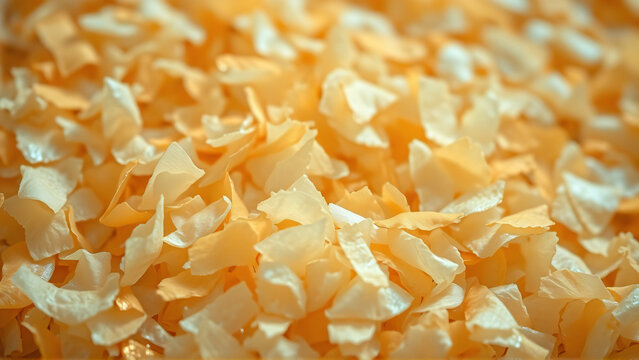 Recycled polypropylene flakes texture with soft depth and warm gold