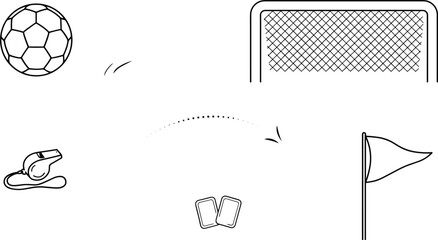 Soccer football tournament and match line icon set featuring leather ball goal net referee whistle penalty yellow red cards and corner flag vectors © KHATUN