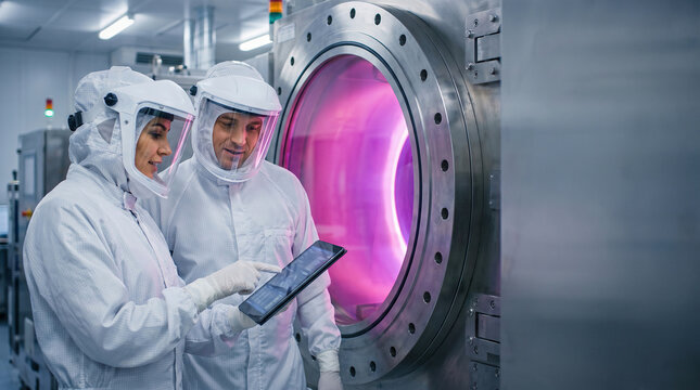 Researchers in cleanroom suits discussing data by advanced industrial machinery, innovative technology development.