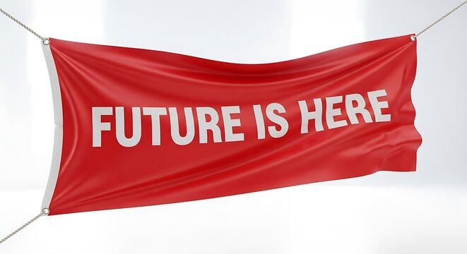 Future is Here Red Banner Message on White Background.