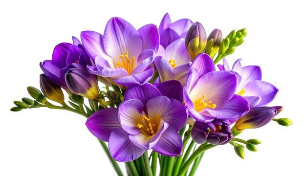 Stunning bouquet of purple spring crocus flowers with bright yellow centers isolated on a pure white background