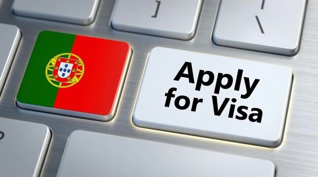 Close up of finger pressing Apply for Visa button on computer keyboard next to Portugal flag key, online Portuguese immigration and travel permit application concept video
