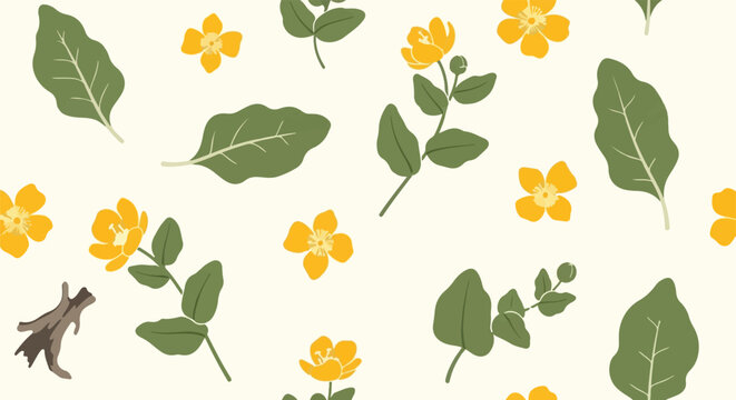 Colorful floral and leaf pattern with insect illustration.