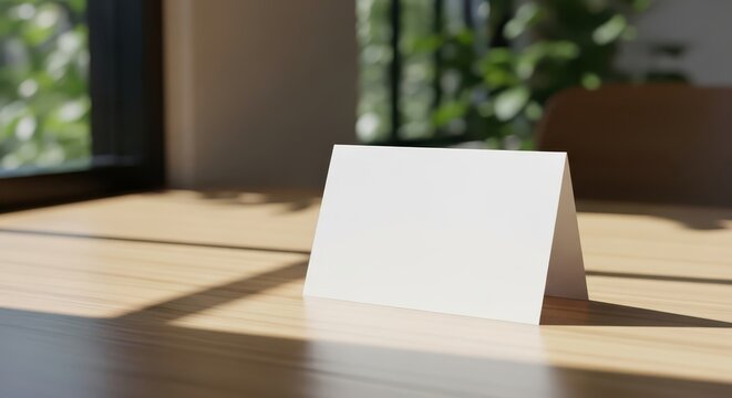 Minimalist Blank White Folded Greeting Card Mockup on a Wooden Desk in a Bright Modern Interior