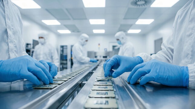Microchip manufacturing with workers handling integrated circuits on assembly line in sterile cleanroom facility for semiconductor production.