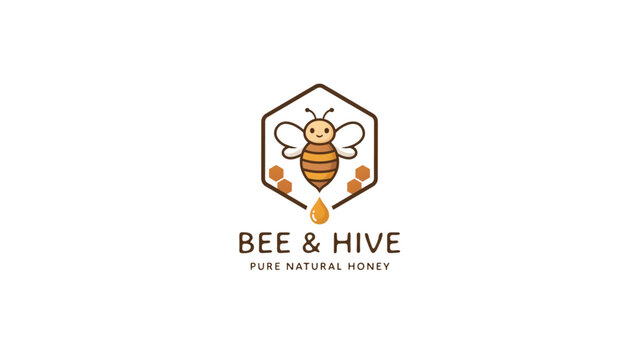 Bee and hive logo with honeycomb frame and bee illustration for farm or natural brand Vector