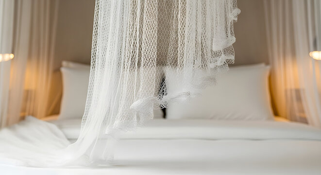 white bed with draped canopy netting , cozy bedroom interior 