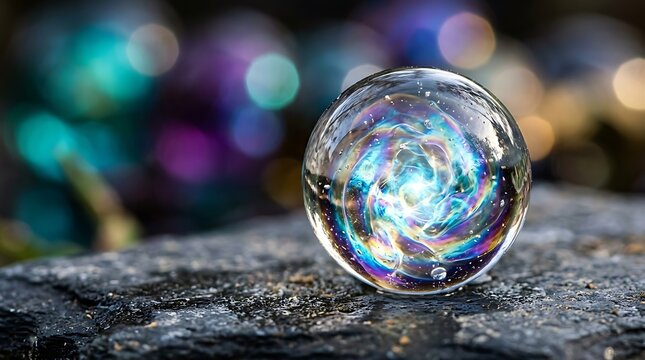 Glass crystal ball on stone with colorful bokeh background