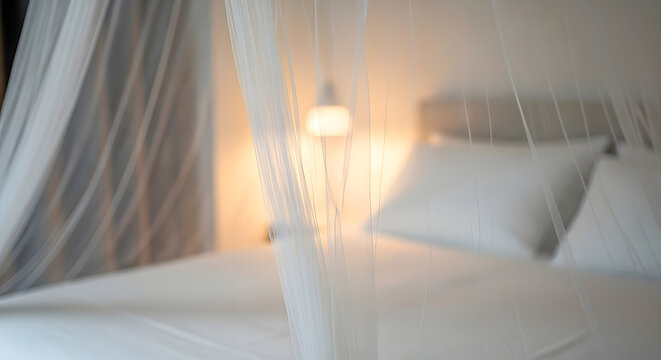 white bed with draped canopy netting , cozy bedroom interior 