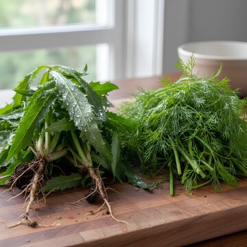 Bundles of freshly harvested culantro (Eryngium foetidum) with soil-dusted roots and vibrant green dill (Anethum graveolens) sprigs rest on a wooden chopping board. 
