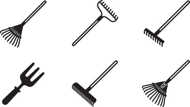 Set of six black and white gardening rakes and hoes on clean background Vector