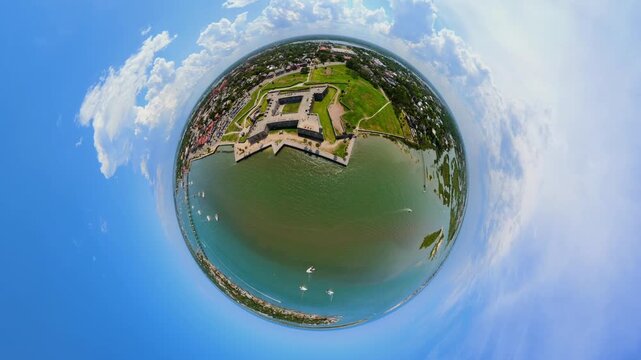 Aerial tiny planet St Augustine Castillo De San Marcos 4k