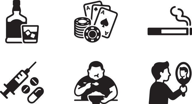Six black and white icons showing addictive and risky behaviors Vector