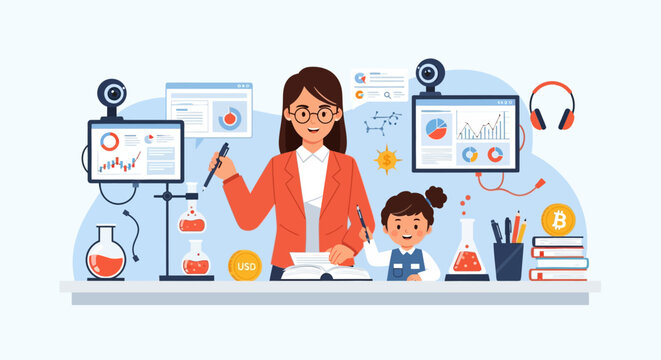 Teacher and student in a science classroom learning together.