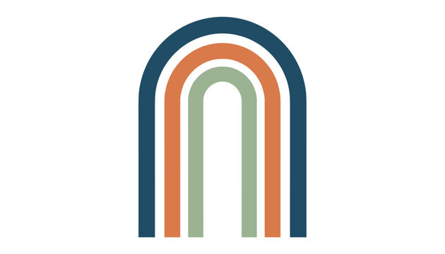 Modern minimalist rainbow arch with earth tones including dark blue, orange, and sage green on a white background.