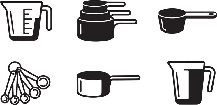Set of six black and white kitchen measuring and cooking tools icons Vector