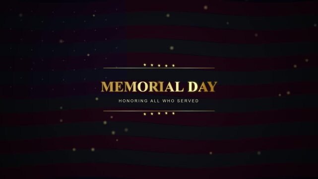 Memorial Day text animation Gold on dark waving American flag background