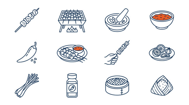Blue line icons of asian skewers and dumplings
