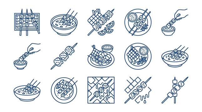 Blue line icons of grilling satay and plates