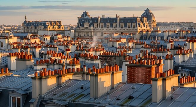 Panoramic View of Paris Rooftops and Historic Buildings at Sunset.