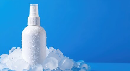 Naklejka premium A clean white blank spray bottle mockup sits nestled in cold crushed ice against a vibrant blue background, ideal for cosmetic product branding, advertising, water, spa