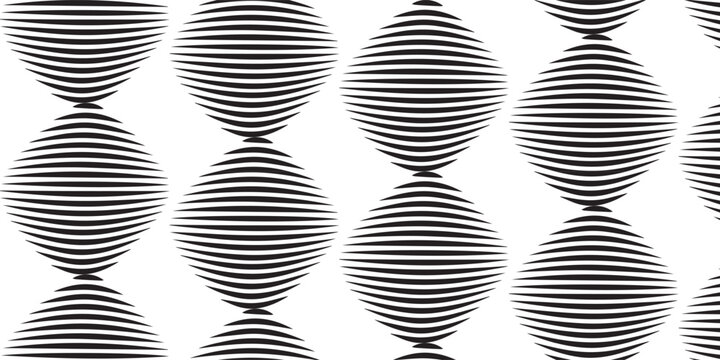 Abstract geometric shape with horizontal black lines forming a distorted sphere or oval pattern.
