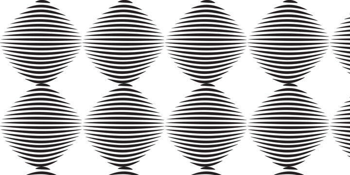 Abstract geometric shape with horizontal black lines forming a distorted sphere or oval pattern.