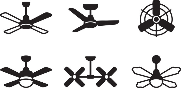 Six different ceiling fan designs with black blades and motors Vector