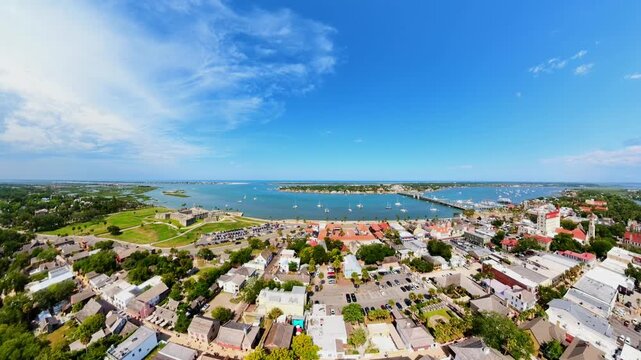 Aerial wide angle video St Augustine Florida view towards river