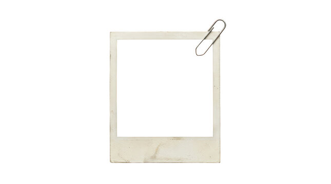 Old vintage polaroid photo frame with a metal paper clip isolated on transparent background