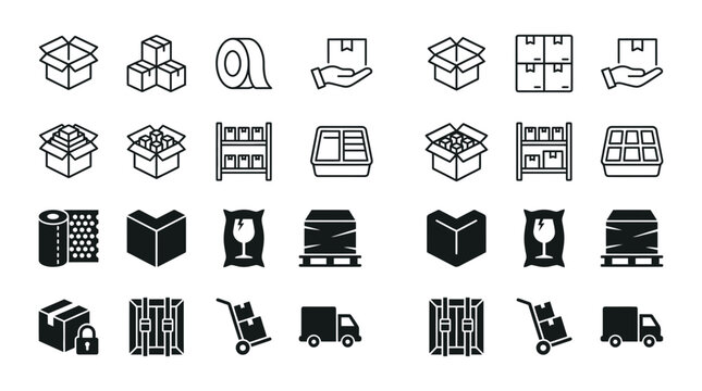 Warehousing and packaging icon set featuring boxes racks trucks fragile goods symbols warehouse packaging shipping