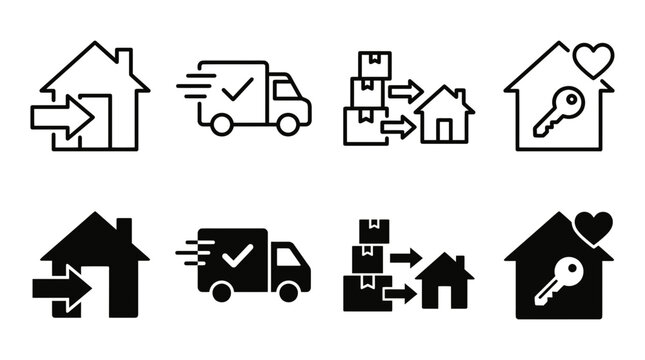 Home delivery and real estate icon set showing house moving fast shipping key possession symbols delivery