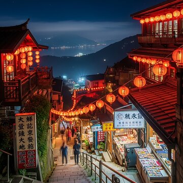 Night Scene of Traditional Lanterns in Mountain Village.