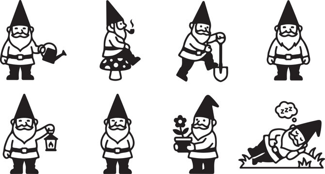 Cartoon gnome characters performing different activities in a simple style Vector