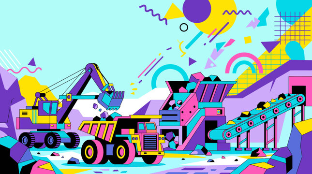 Memphis Style Open Pit Mine Vector Illustration with Vibrant Heavy Machinery Excavator and Dump Truck